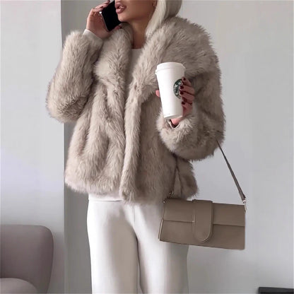 Dyed Pointed Lapel Long Sleeve Artificial Fur Coat