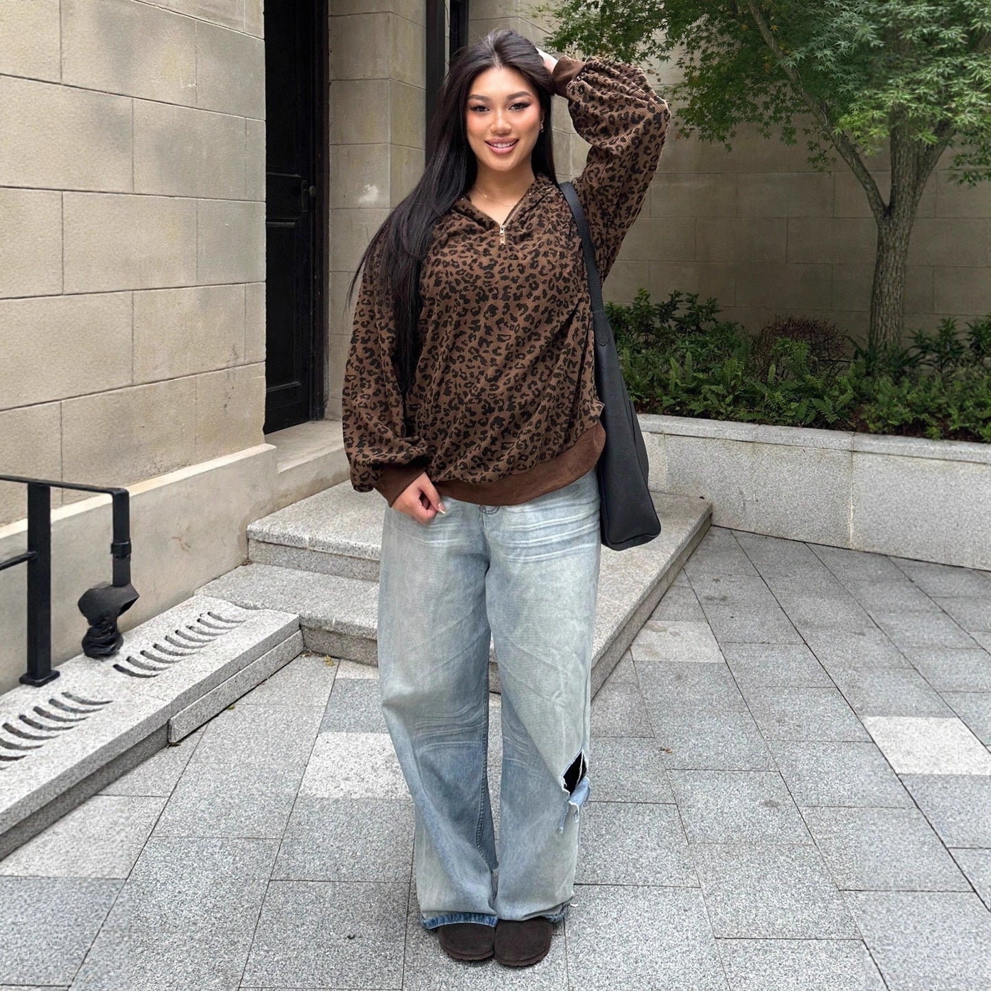 Leopard Hooded Long Sleeve Sweatshirt