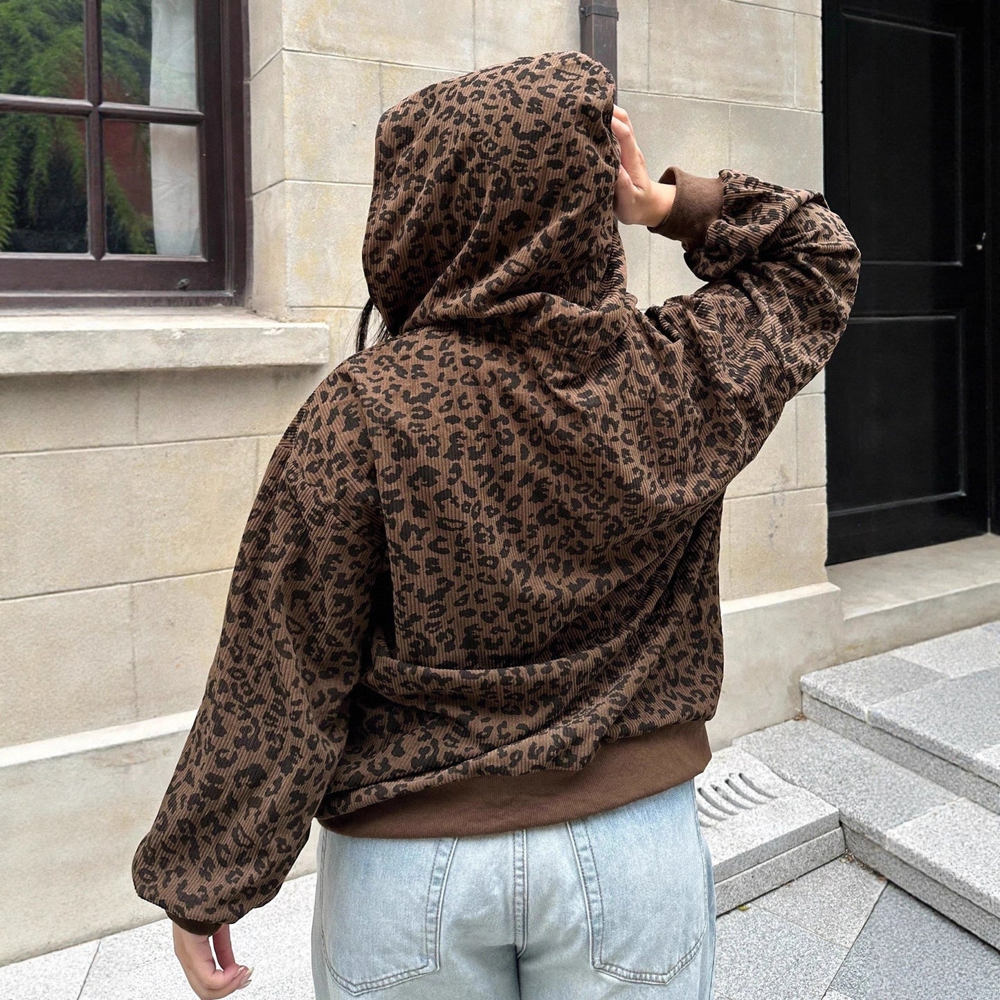 Leopard Hooded Long Sleeve Sweatshirt