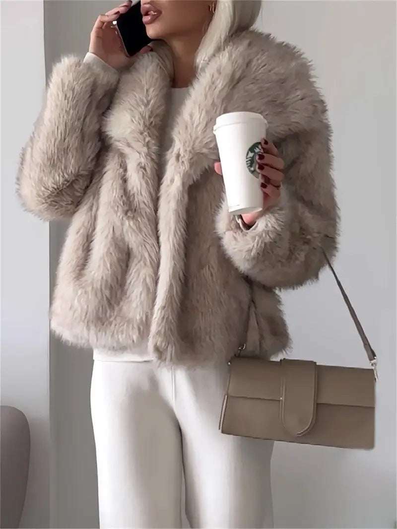 Dyed Pointed Lapel Long Sleeve Artificial Fur Coat